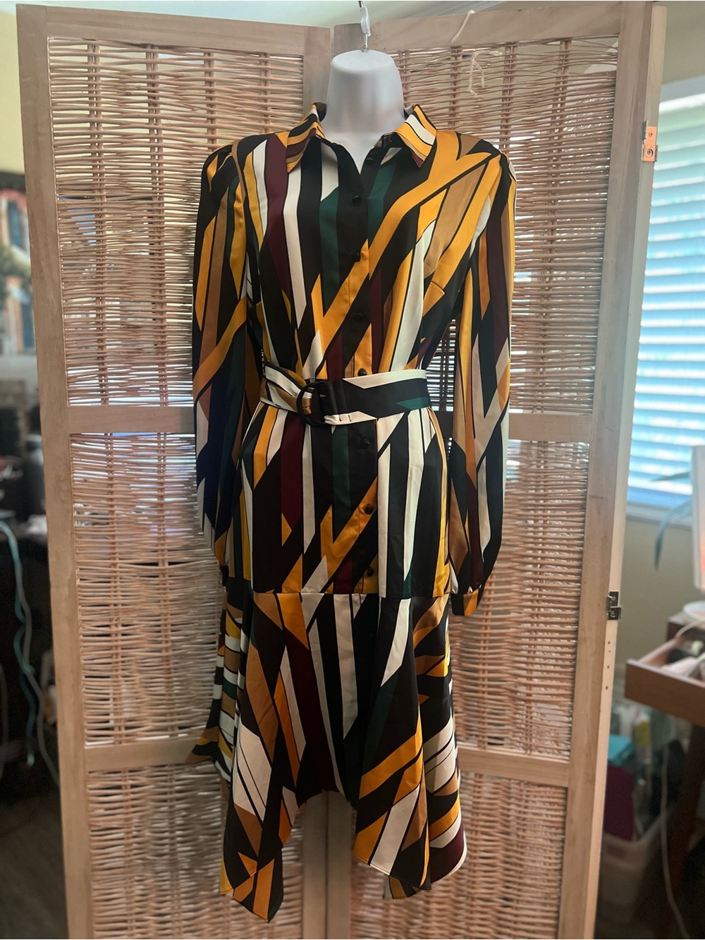 Women's geometric designer belted in Mustard, Gold, Burgundy, Green, Black.